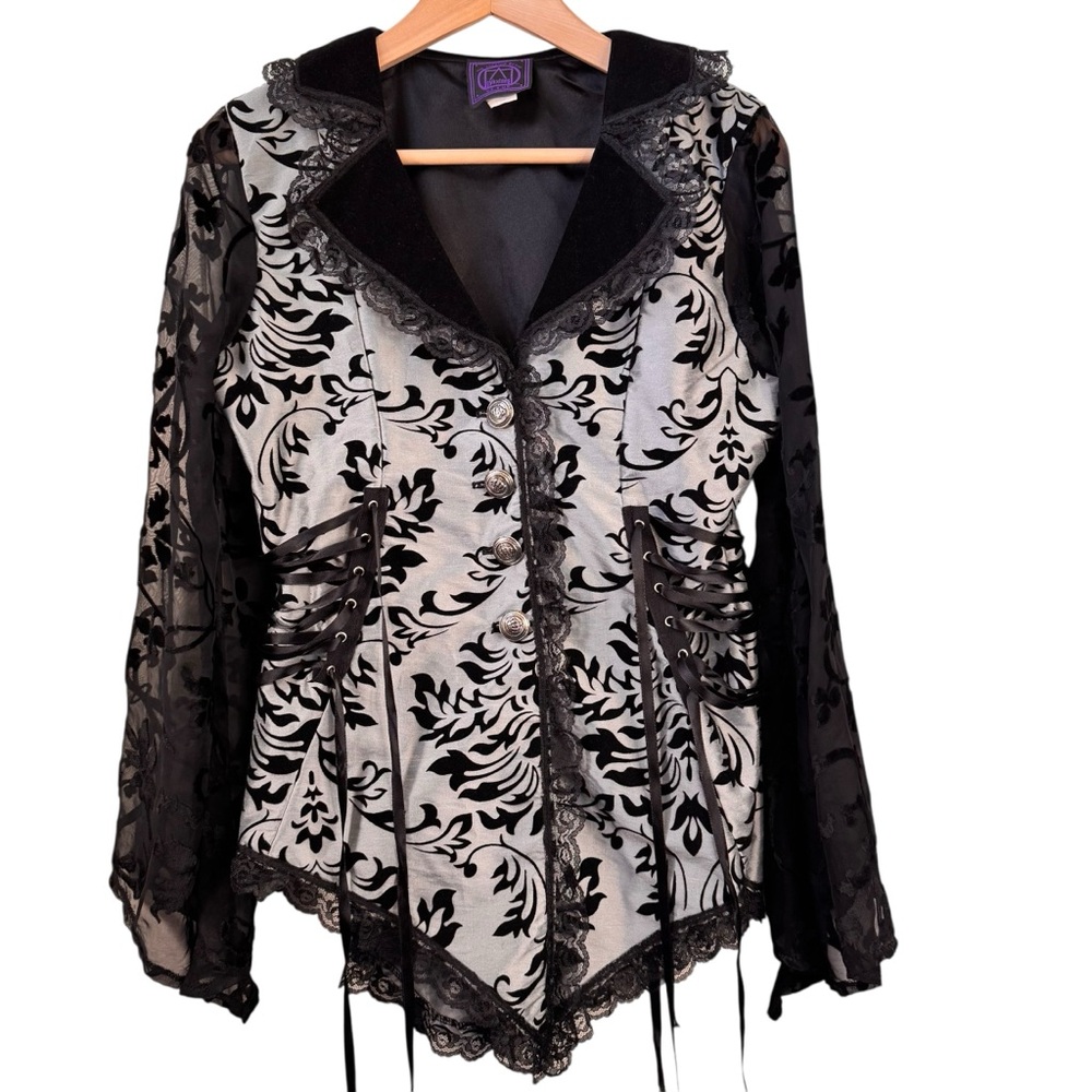 Cykxtees VTG Corset Blouse Medium Silver Black Lace Flocked Velvet Goth Witchy